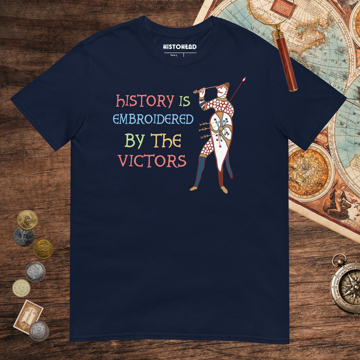 Navy Harold Godwinson History Is Embroidered by the Victors Bayeux Tapestry Tee - history buff gift by HistoHead