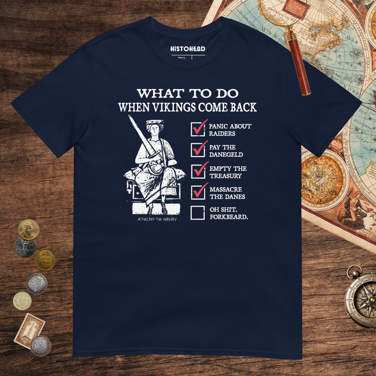 Navy Æthelred the Unready Viking Raid Survival Guide Tee - history buff gift by HistoHead
