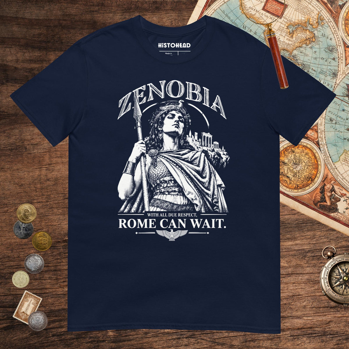Navy Zenobia With All Due Respect Rome Can Wait Tee - history buff gift by HistoHead