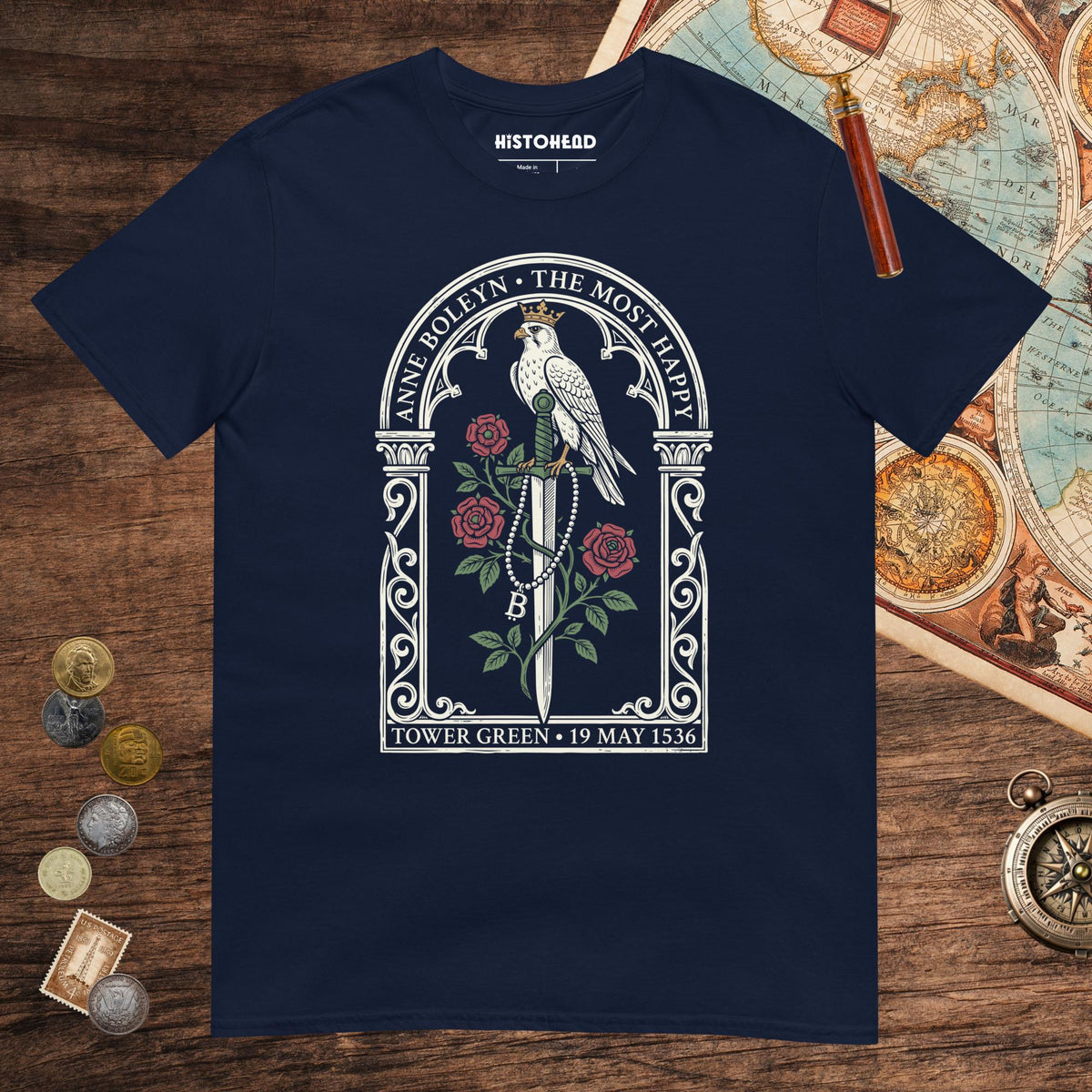 Navy Anne Boleyn Falcon Tee - history buff gift by HistoHead