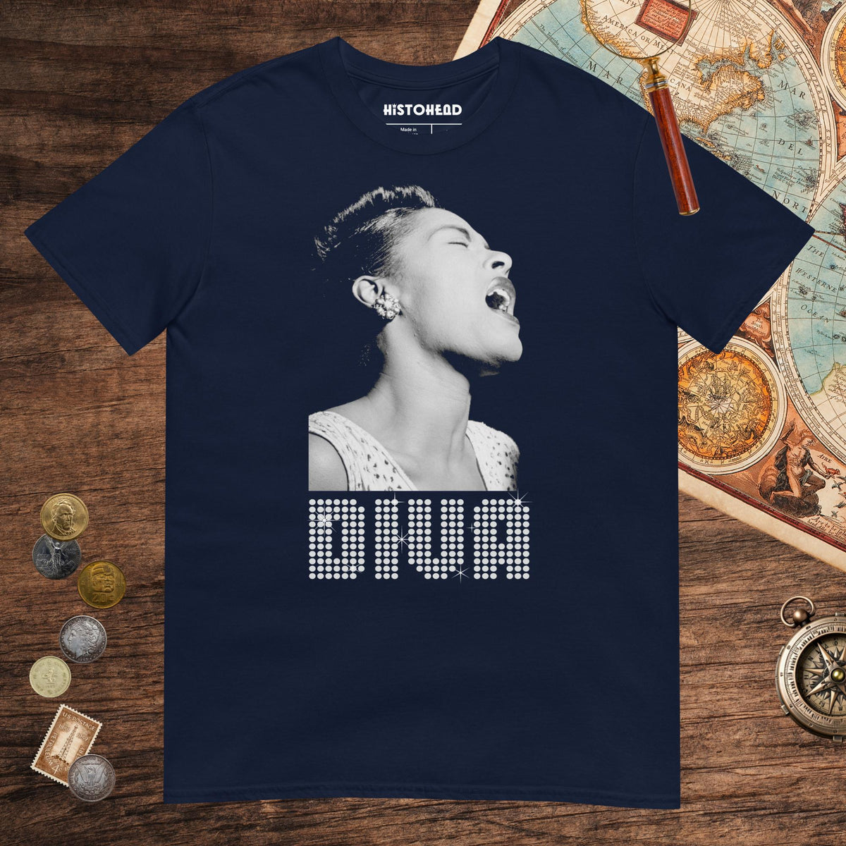 Navy Billie Holiday Diva Tee - history buff gift by HistoHead