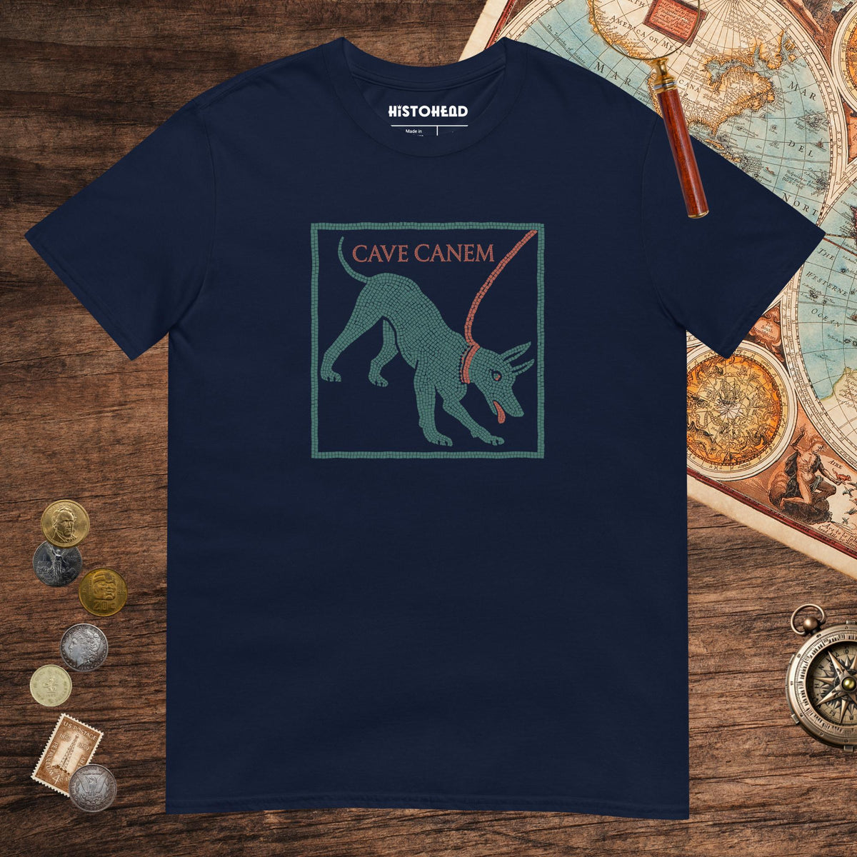 Navy Cave Canem Pompeii Mosaic Tee - history buff gift by HistoHead