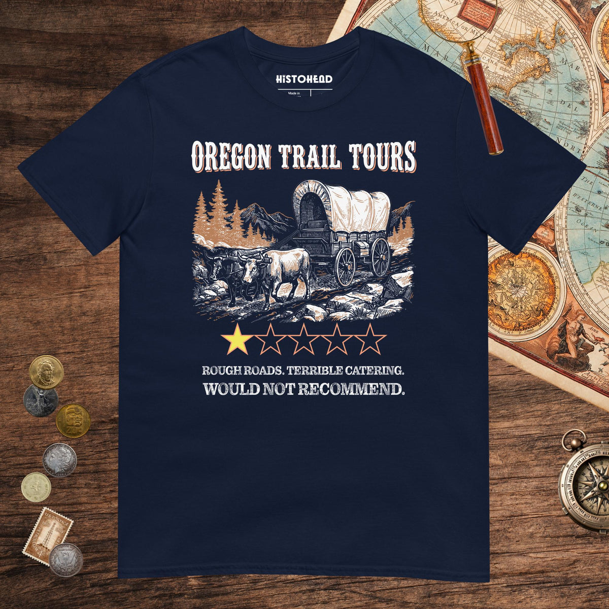Navy Oregon Trail Tours Review Tee - history buff gift by HistoHead