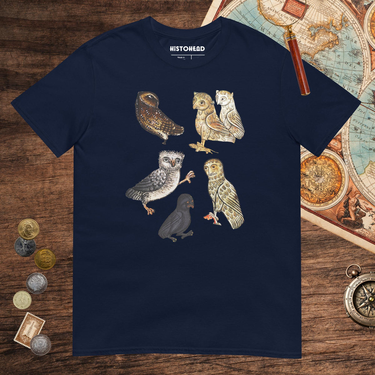 Navy Weird Medieval Owls Tee - history buff gift by HistoHead