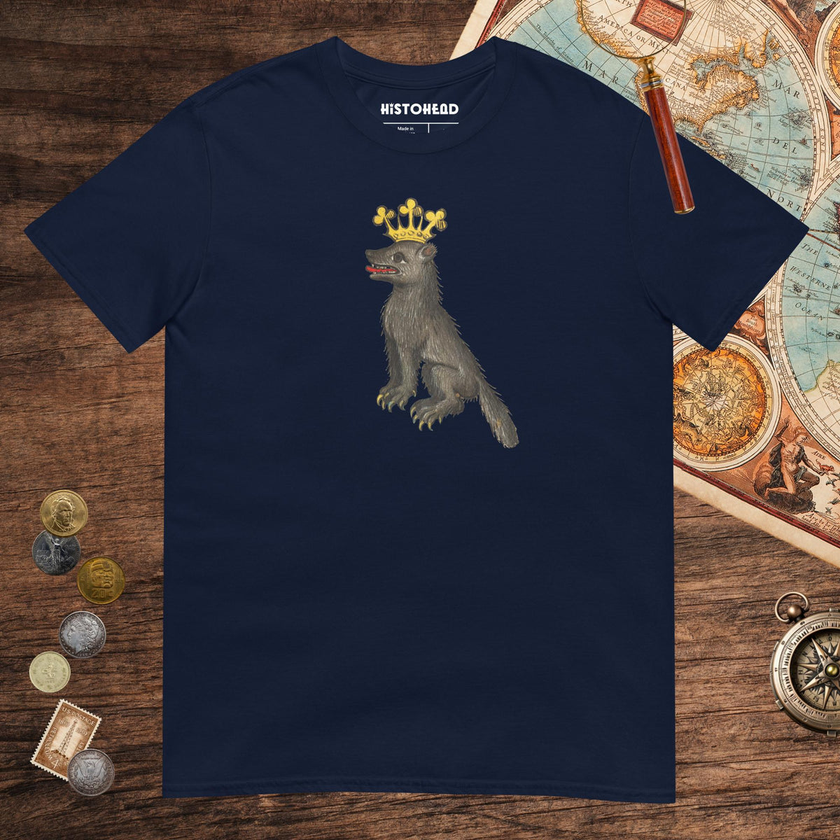 Navy Medieval Wolf King Tee - history buff gift by HistoHead
