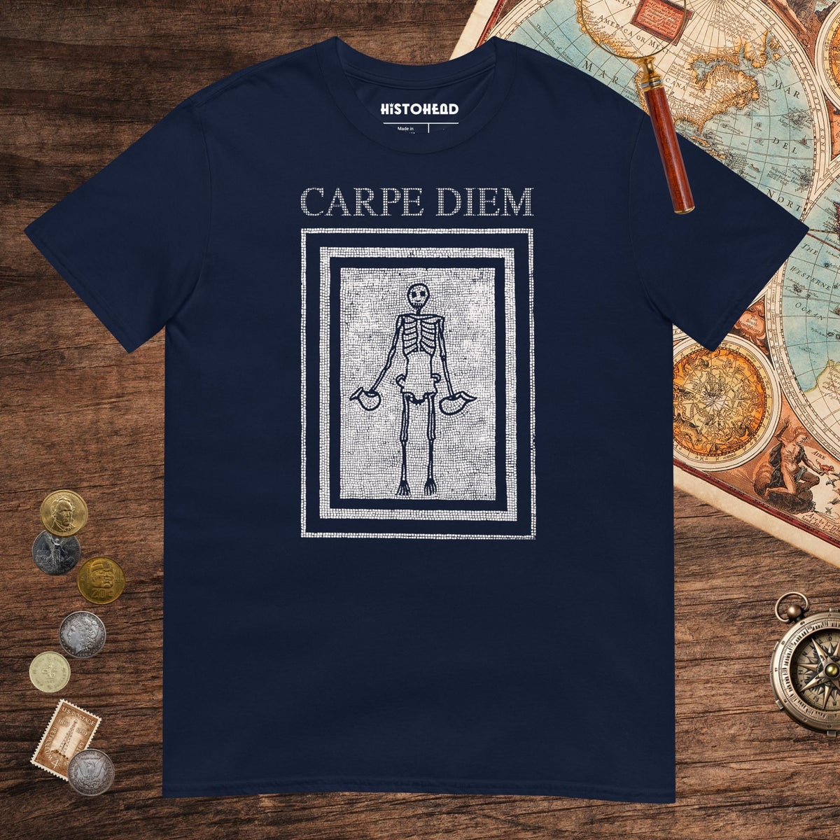 Navy Carpe Diem Skeleton Tee - history buff gift by HistoHead