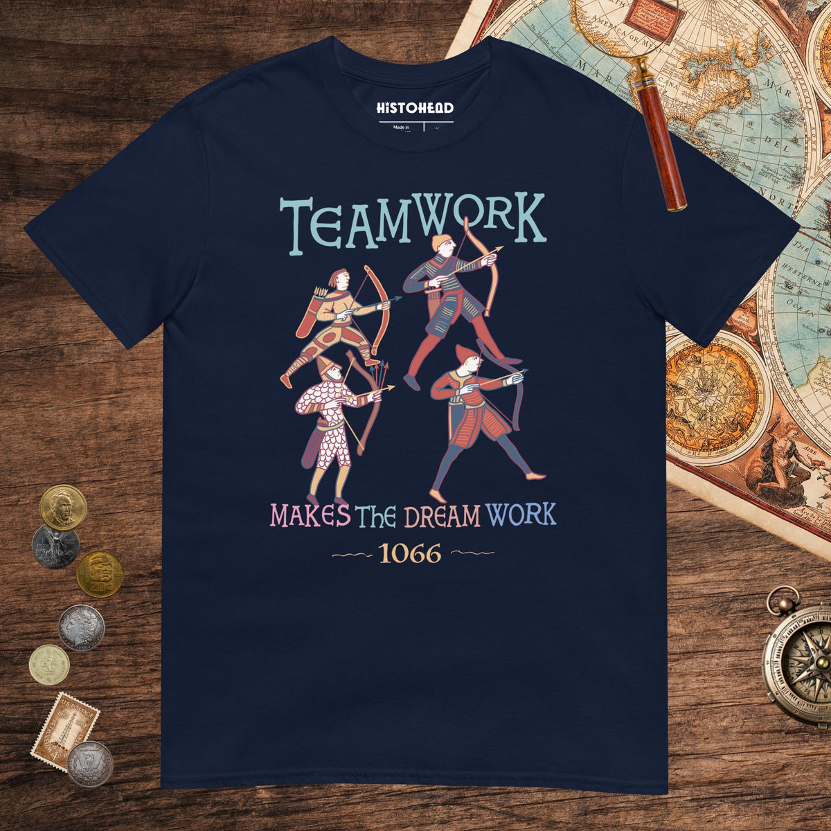 Navy Bayeux Tapestry Teamwork Makes the Dream Work Tee - history buff gift by HistoHead