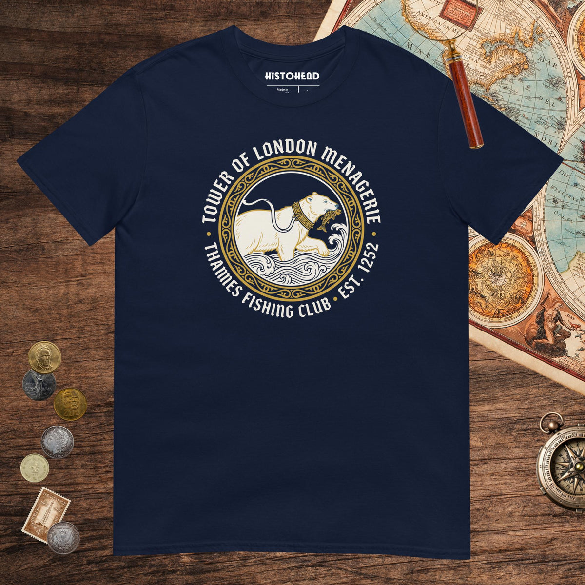 Navy Tower Of London Menagerie Thames Fishing Club Tee - history buff gift by HistoHead