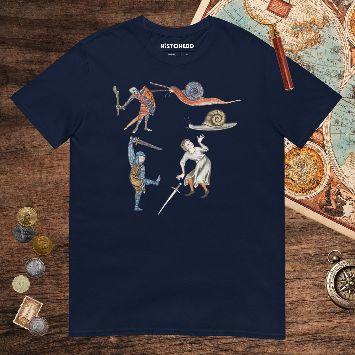 Navy Medieval Marginalia Snail Enemy Tee - history buff gift by HistoHead