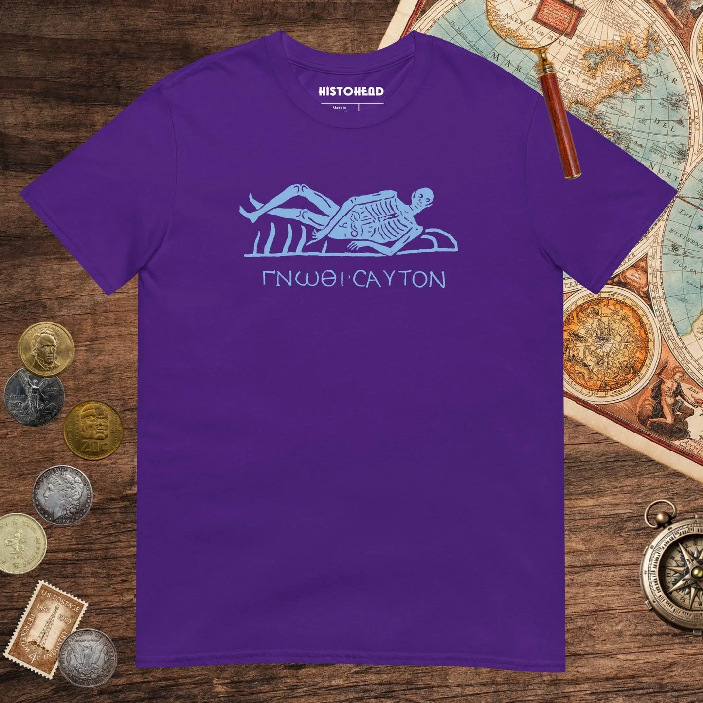 Purple Know Thyself Skeleton Tee - history buff gift by HistoHead