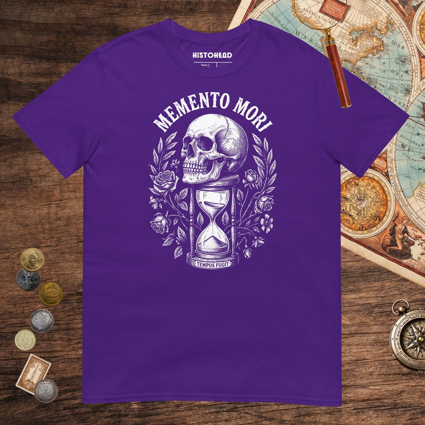 Purple Memento Mori Tempus Fugit Tee - history buff gift by HistoHead
