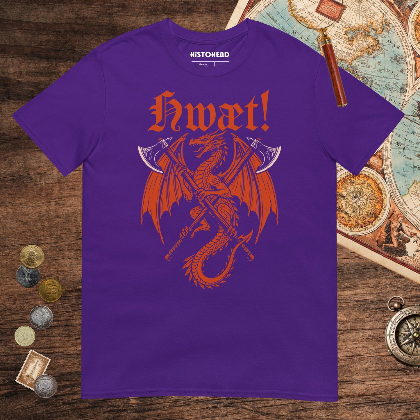 Purple Hwæt Dragon Axe Tee - history buff gift by HistoHead