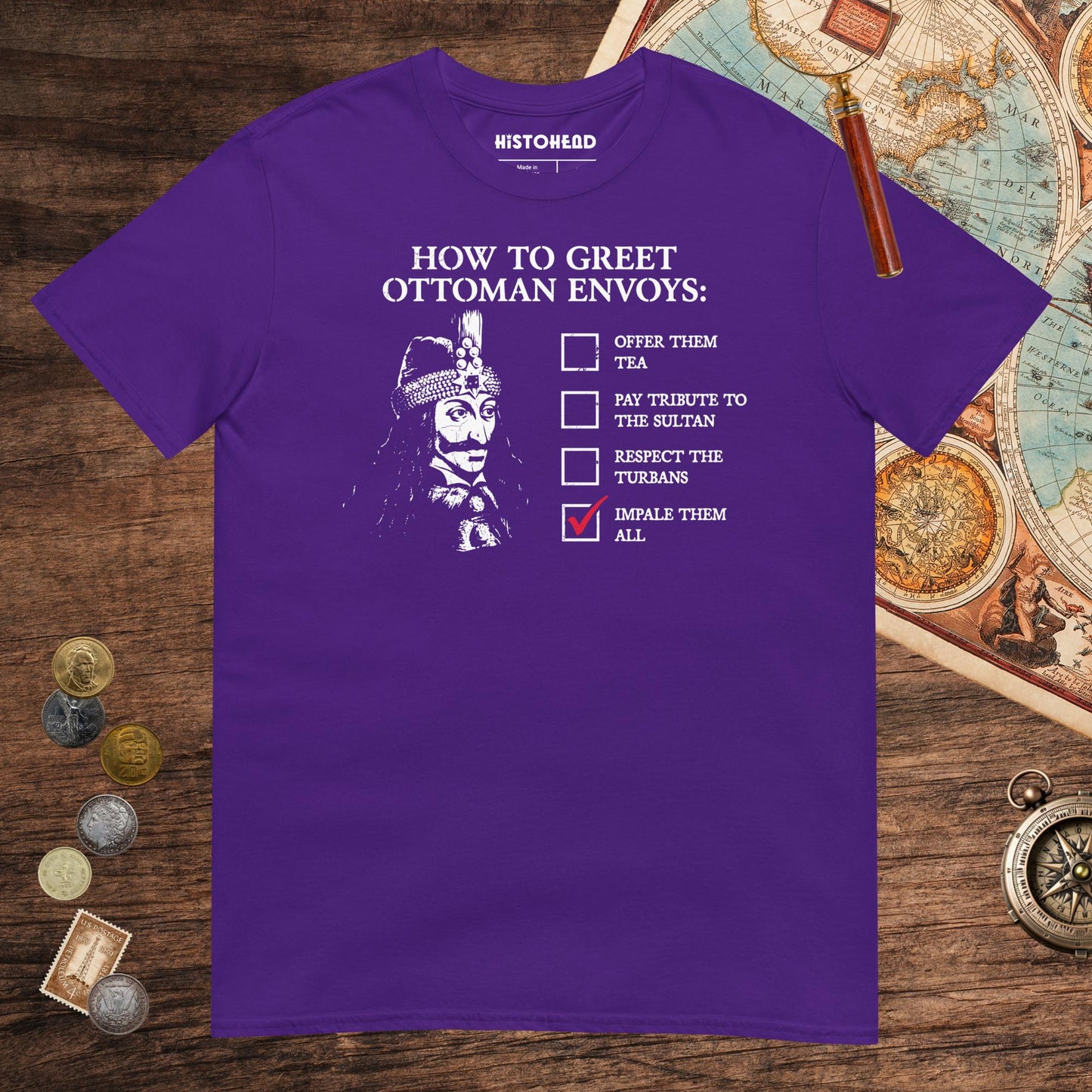Purple Vlad the Impaler How to Greet Guide Tee - history buff gift by HistoHead