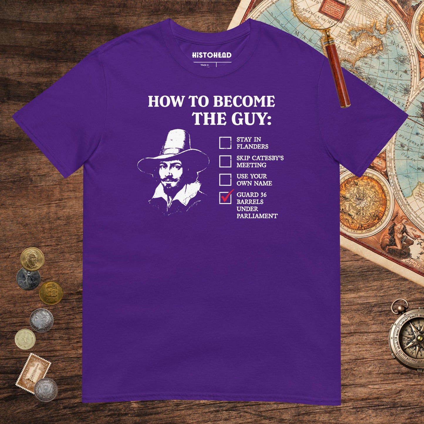 Purple Guy Fawkes How to Become the Guy Tee - history buff gift by HistoHead