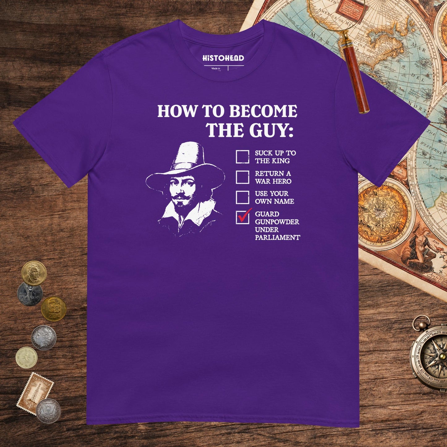 Purple Guy Fawkes How to Become the Guy Tee - history buff gift by HistoHead