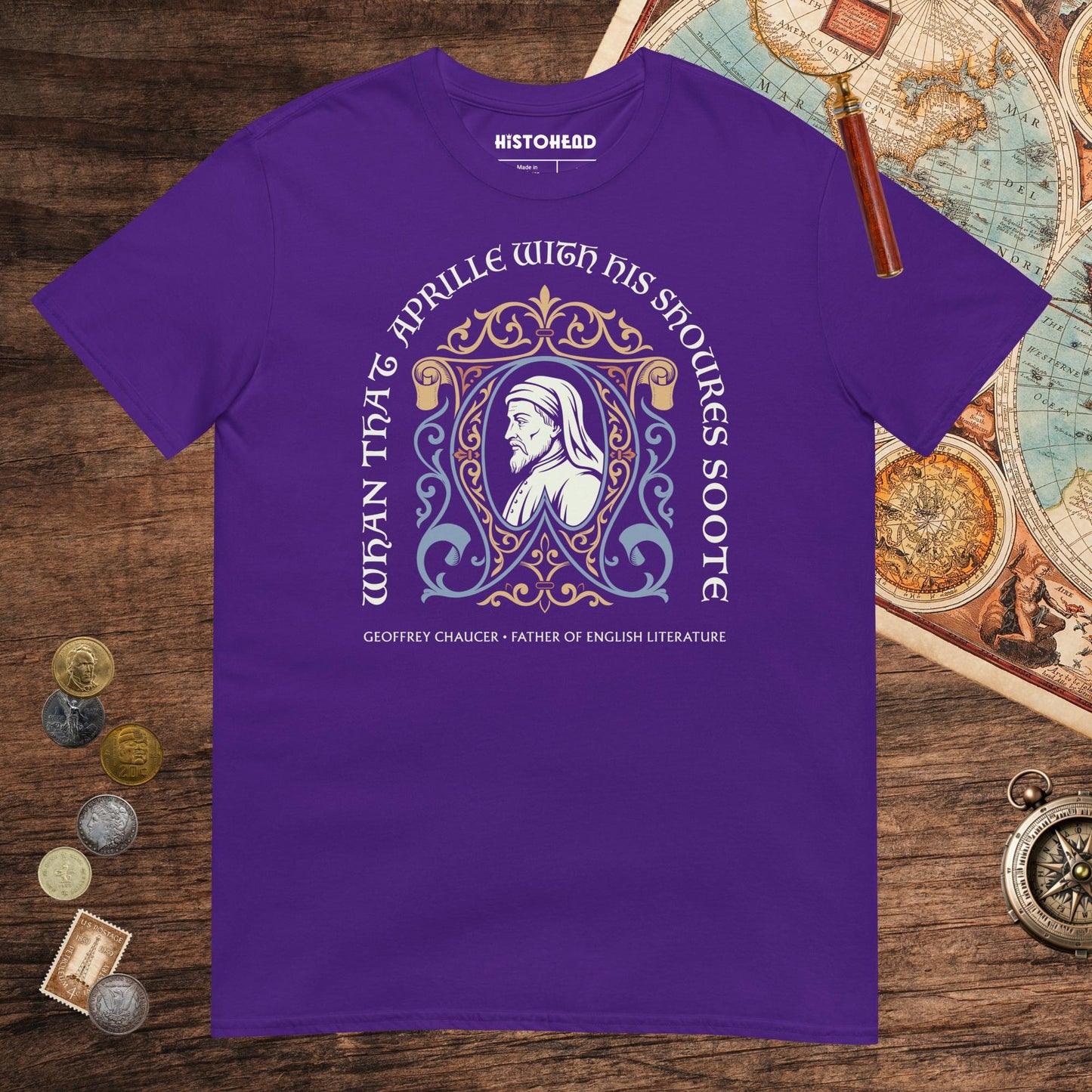 Purple Geoffrey Chaucer Tee - history buff gift by HistoHead