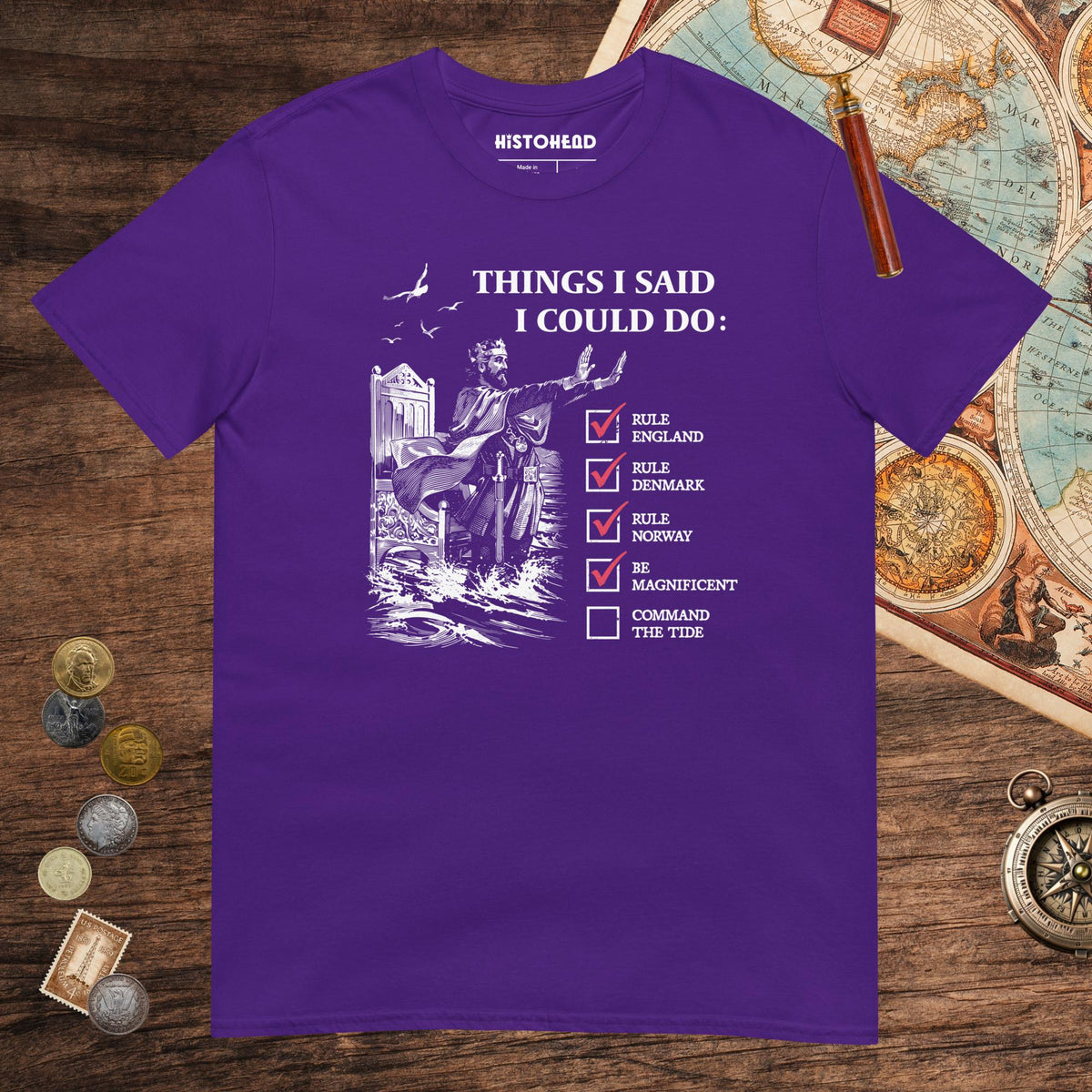 Purple Cnut the Great Commanding the Tide Tee - history buff gift by HistoHead