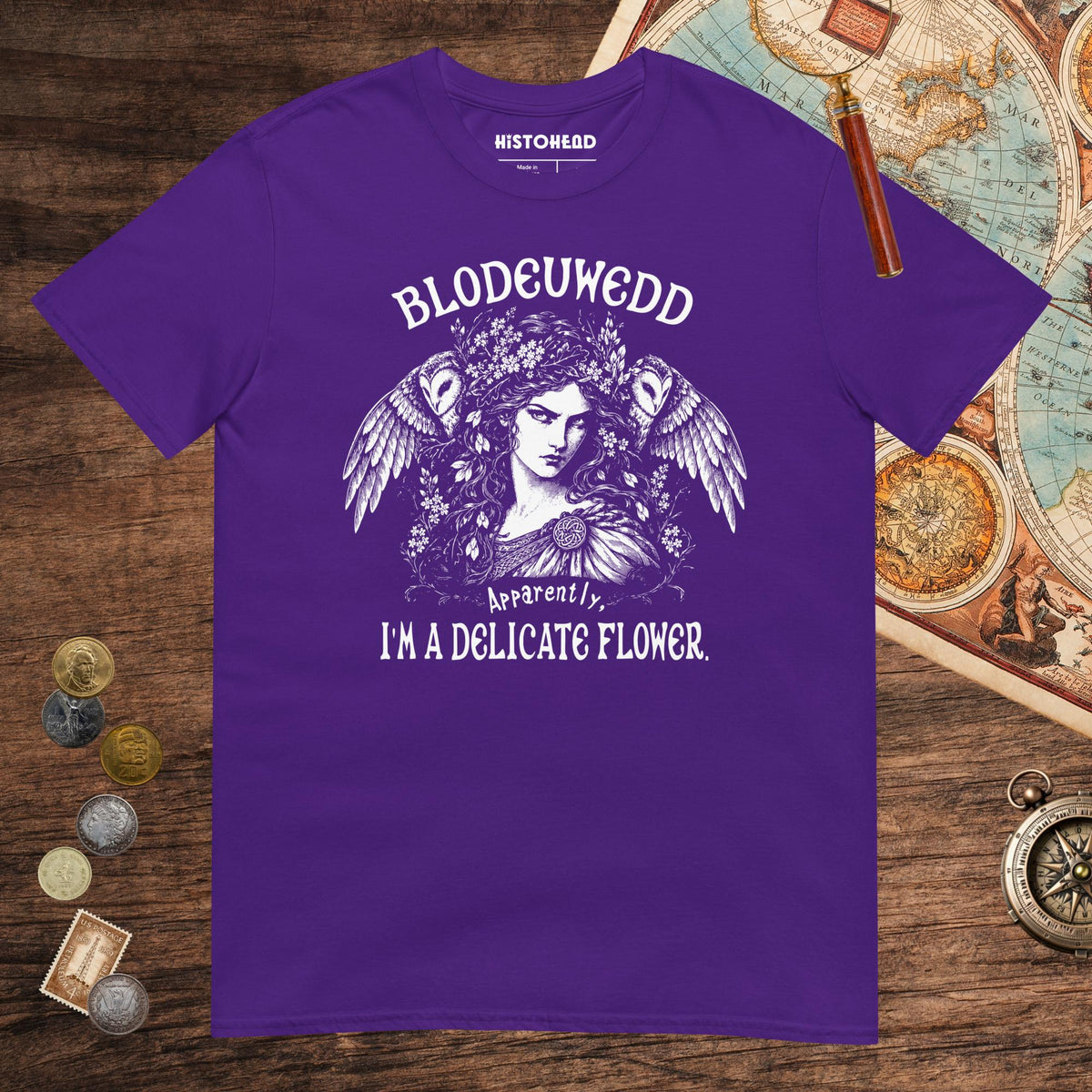 Purple Blodeuwedd Apparently I'm A Delicate Flower Tee - history buff gift by HistoHead