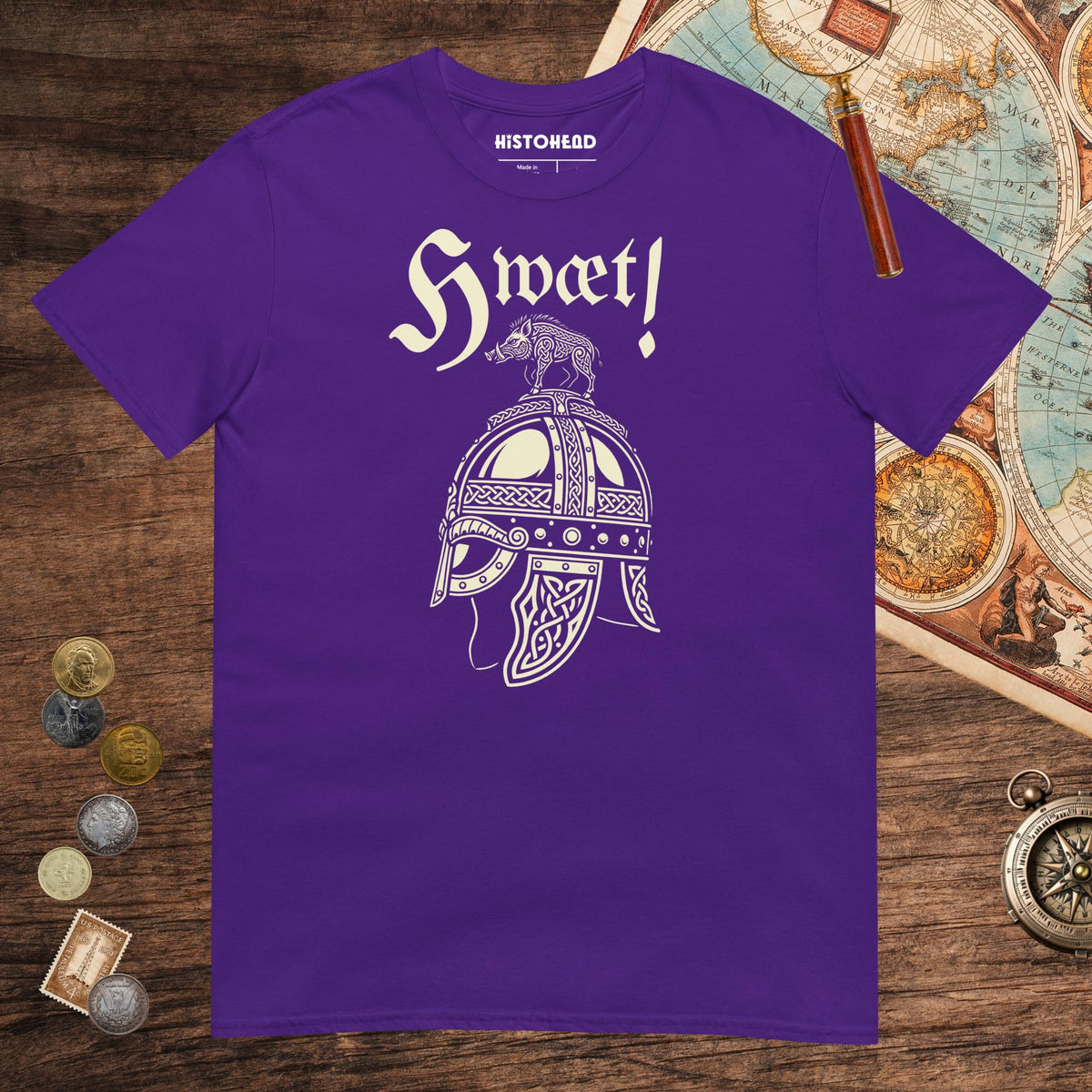 Purple Hwæt Boar-Crested Helmet Tee - history buff gift by HistoHead