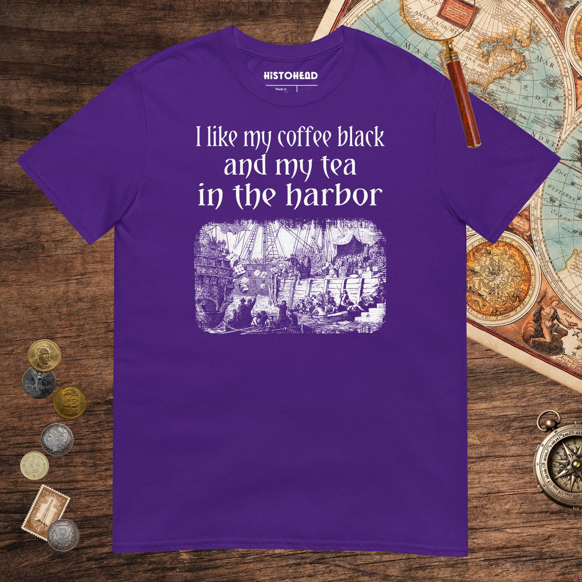 Purple Coffee Black Tea in the Harbor Tee - history buff gift by HistoHead