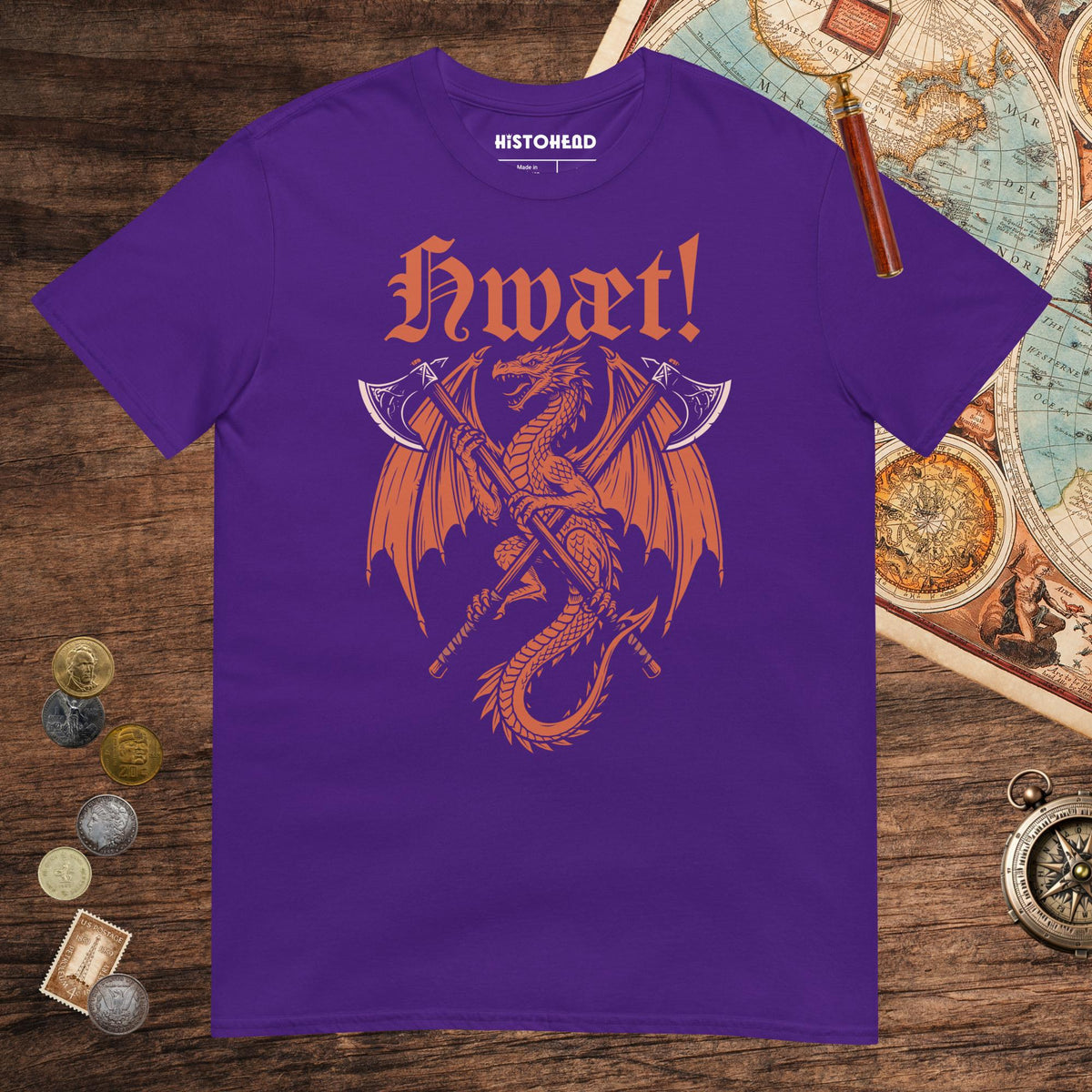 Purple Hwæt Dragon Axe Tee - history buff gift by HistoHead