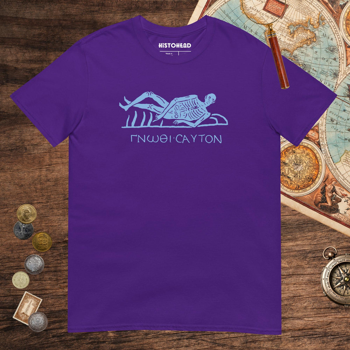 Purple Know Thyself Skeleton Tee - history buff gift by HistoHead