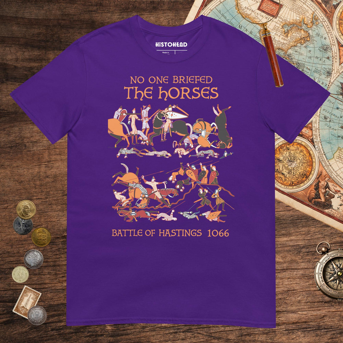 Purple Bayeux Tapestry No One Briefed the Horses Tee - history buff gift by HistoHead