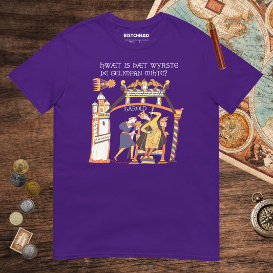 Purple Bayeux Tapestry What's the Worst That Could Happen in Old English Tee - history buff gift by HistoHead