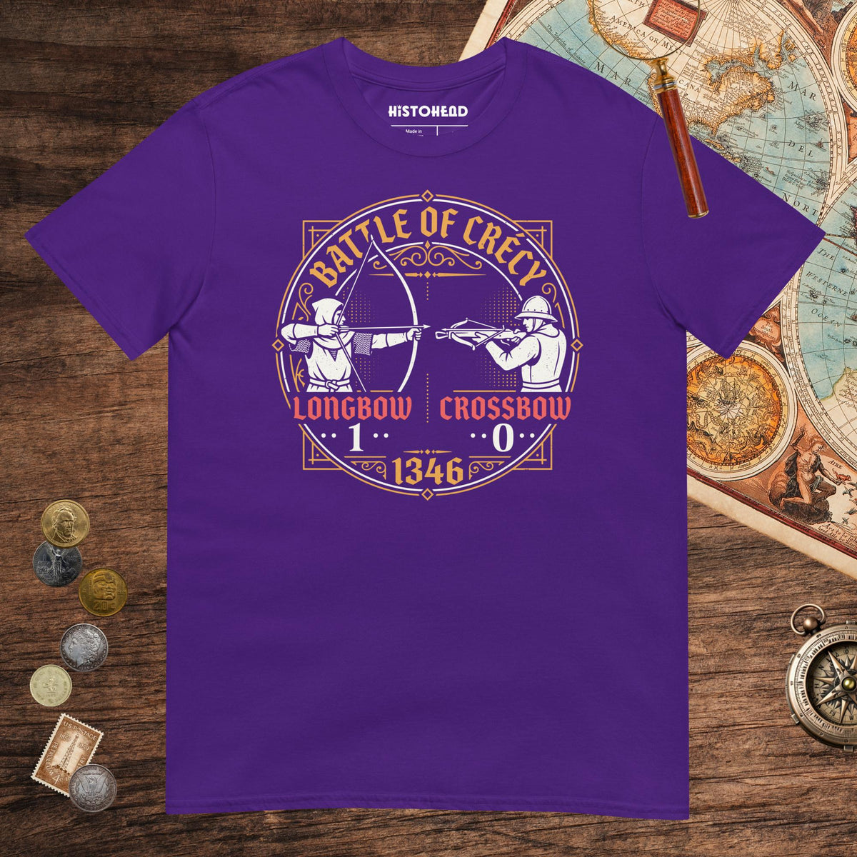 Purple Battle of Crécy Longbow vs Crossbow Tee - history buff gift by HistoHead