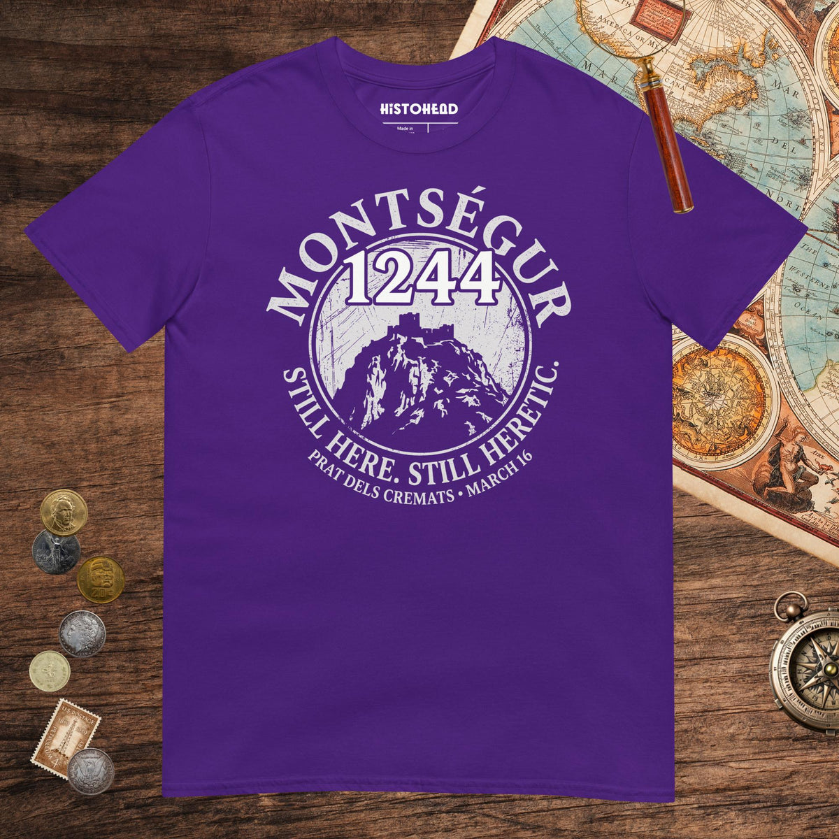 Purple Montségur 1244 Still Here Still Heretic Tee - history buff gift by HistoHead
