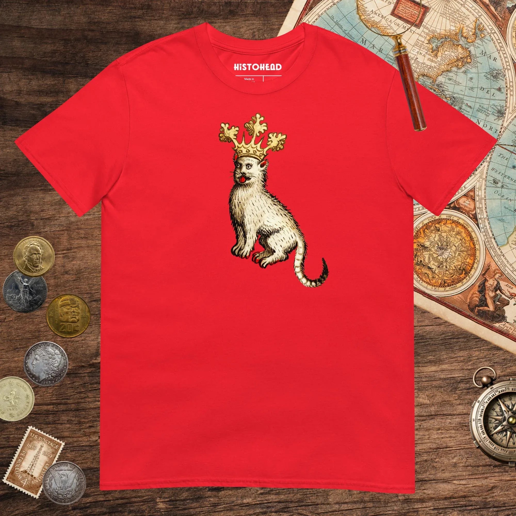 Red Medieval Cat King Tee - history buff gift by HistoHead