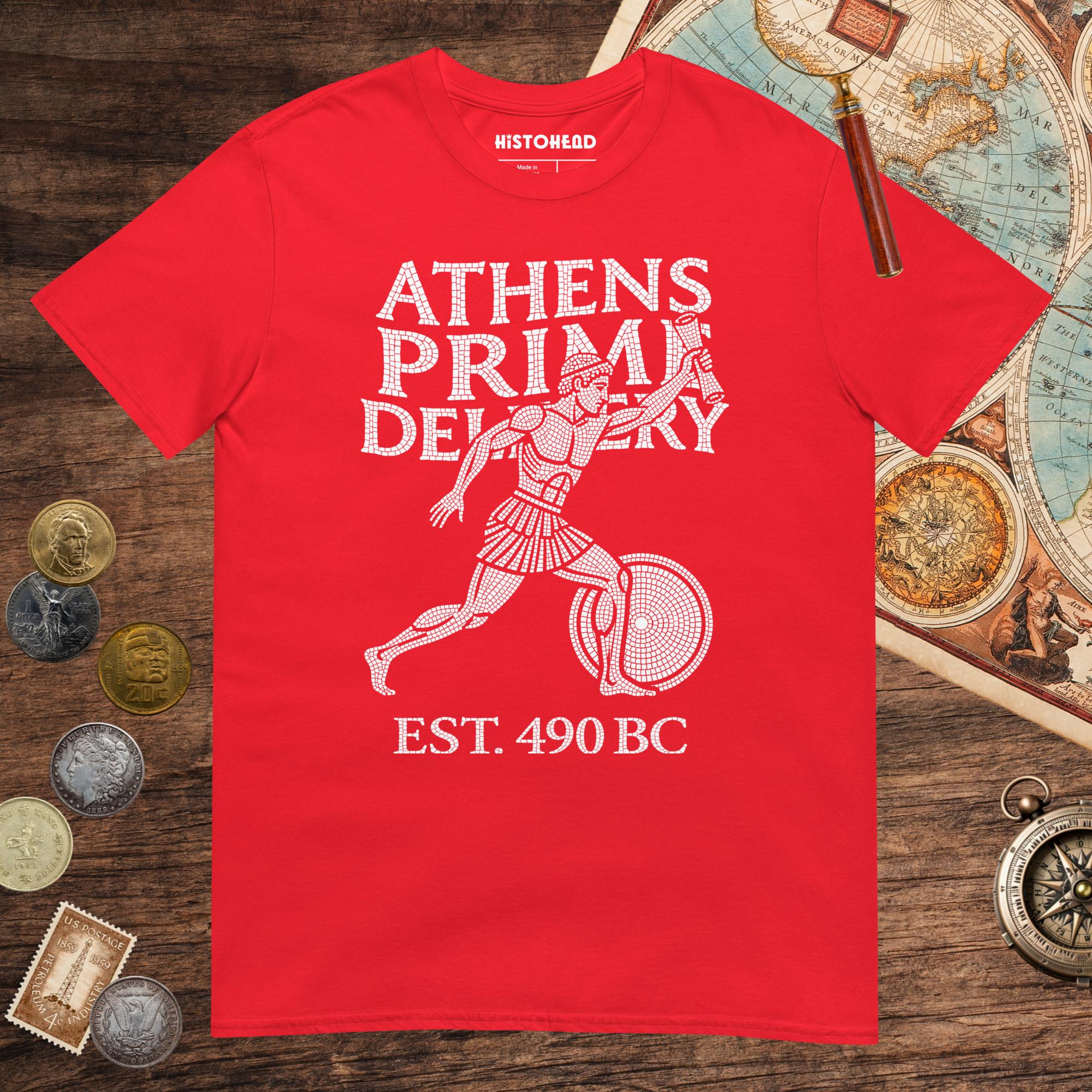 Red Athens Prime Delivery Tee - history buff gift by HistoHead