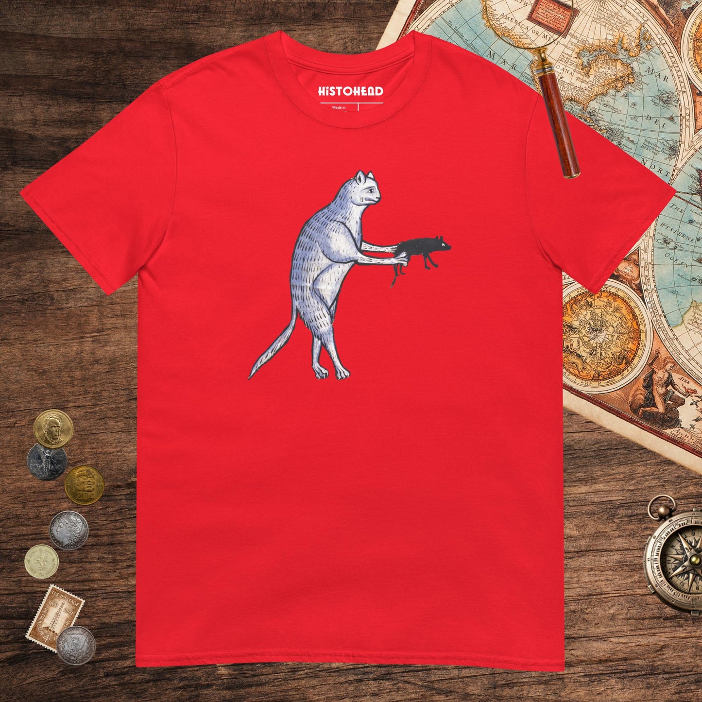 Red Weird Medieval Cat's Mouse-Gun Tee - history buff gift by HistoHead