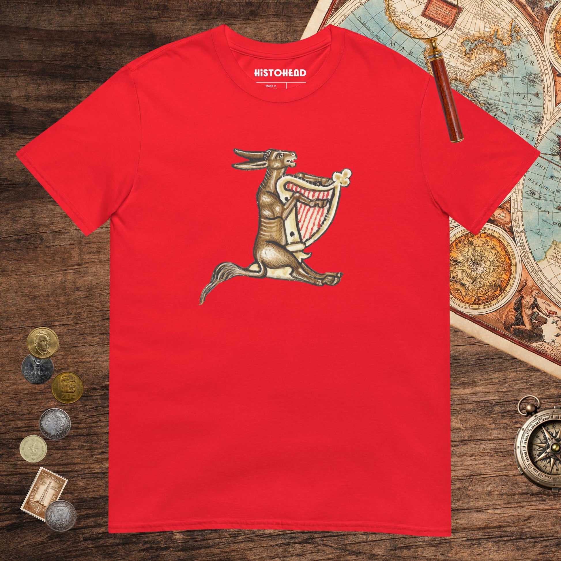 Red Weird Medieval Donkey Harpist Tee - history buff gift by HistoHead