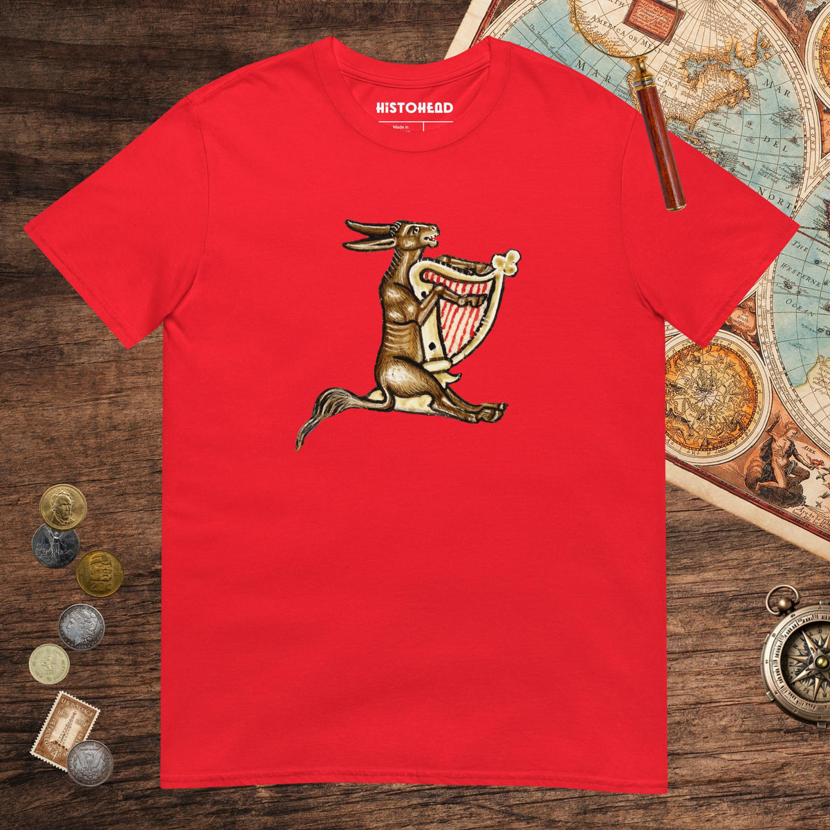 Red Weird Medieval Donkey Harpist Tee - history buff gift by HistoHead