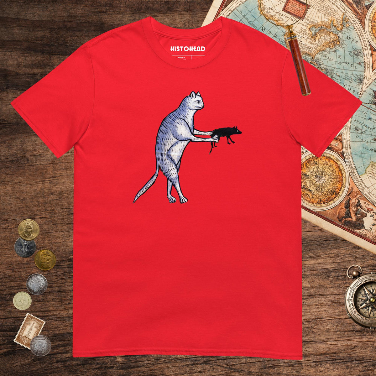 Red Weird Medieval Cat's Mouse-Gun Tee - history buff gift by HistoHead