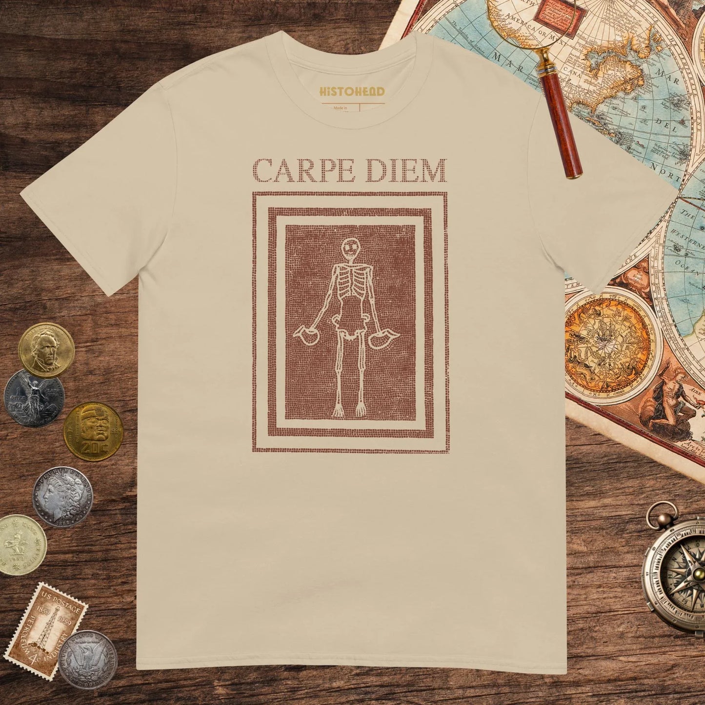 Sand Carpe Diem Skeleton Tee - history buff gift by HistoHead