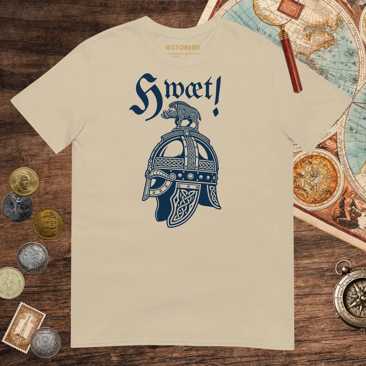 Sand Hwæt Boar-Crested Helmet Tee - history buff gift by HistoHead