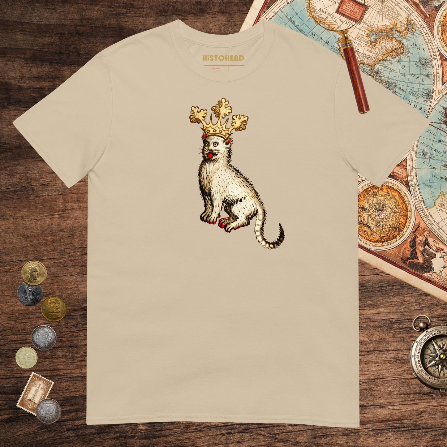 Sand Medieval Cat King Tee - history buff gift by HistoHead