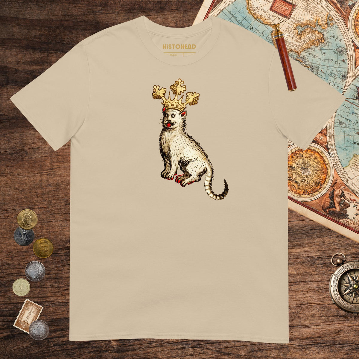 Sand Medieval Cat King Tee - history buff gift by HistoHead
