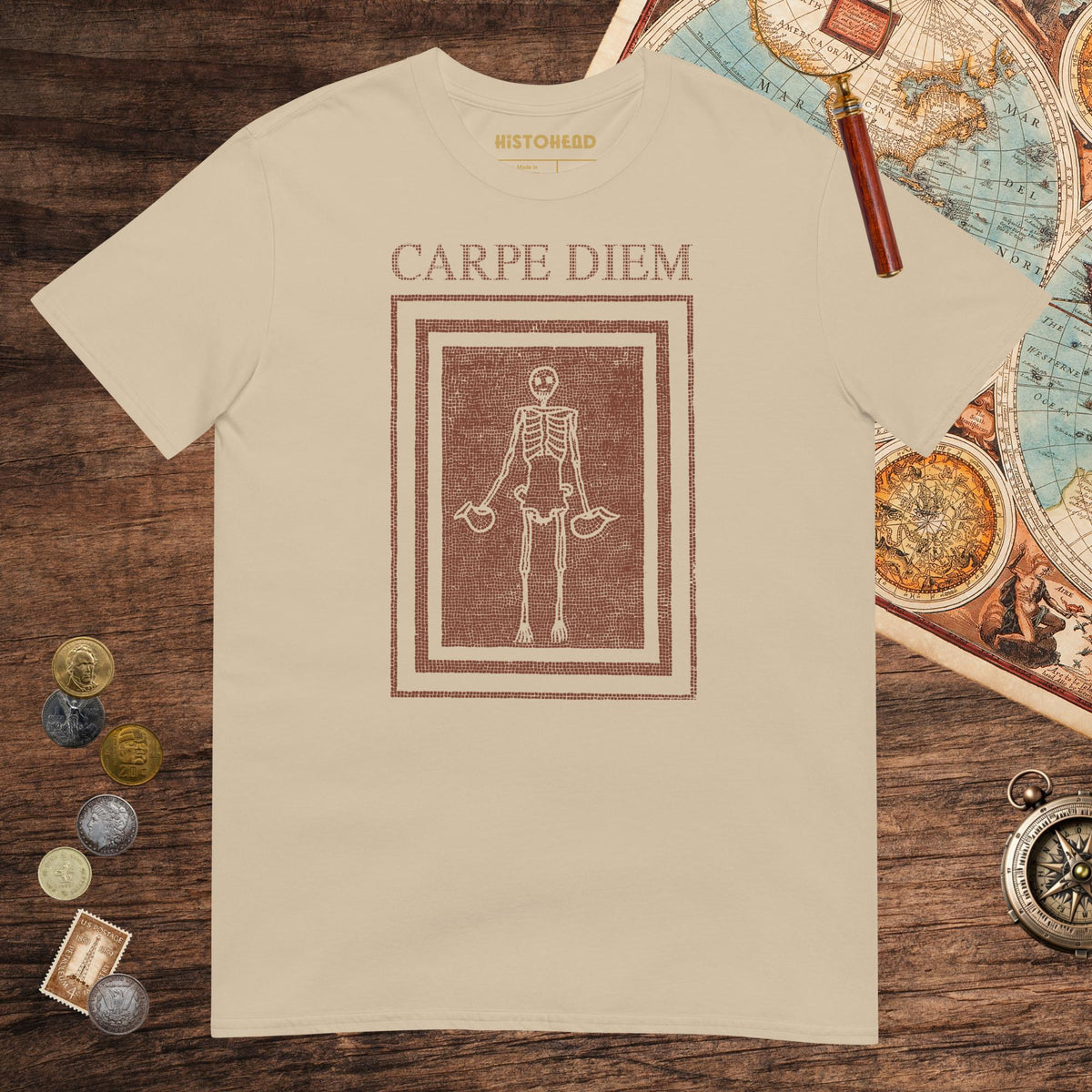 Sand Carpe Diem Skeleton Tee - history buff gift by HistoHead