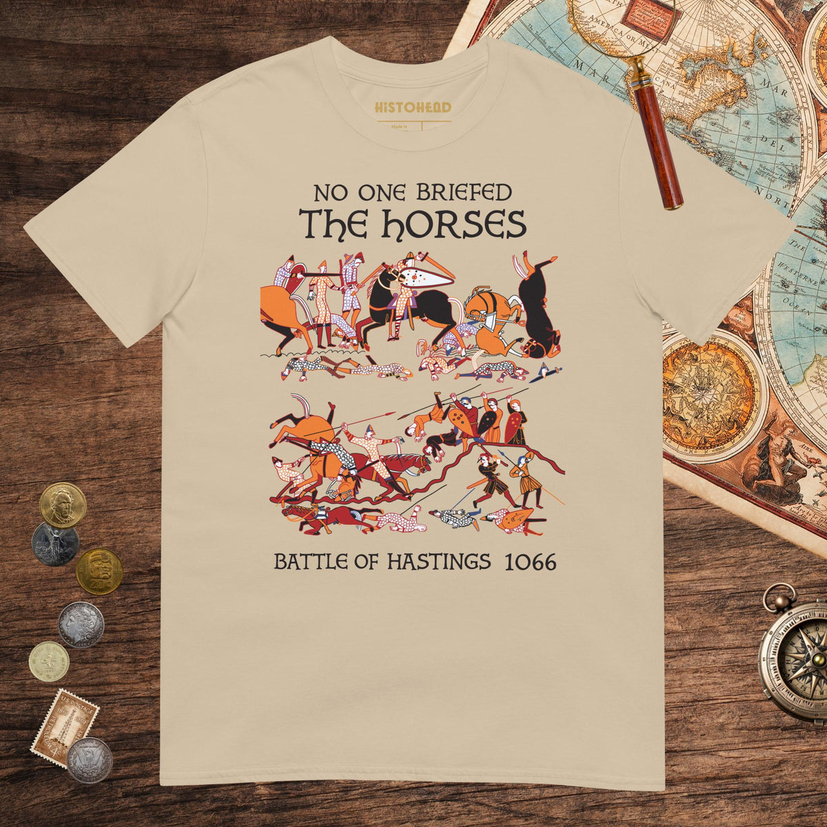 Sand Bayeux Tapestry No One Briefed the Horses Tee - history buff gift by HistoHead