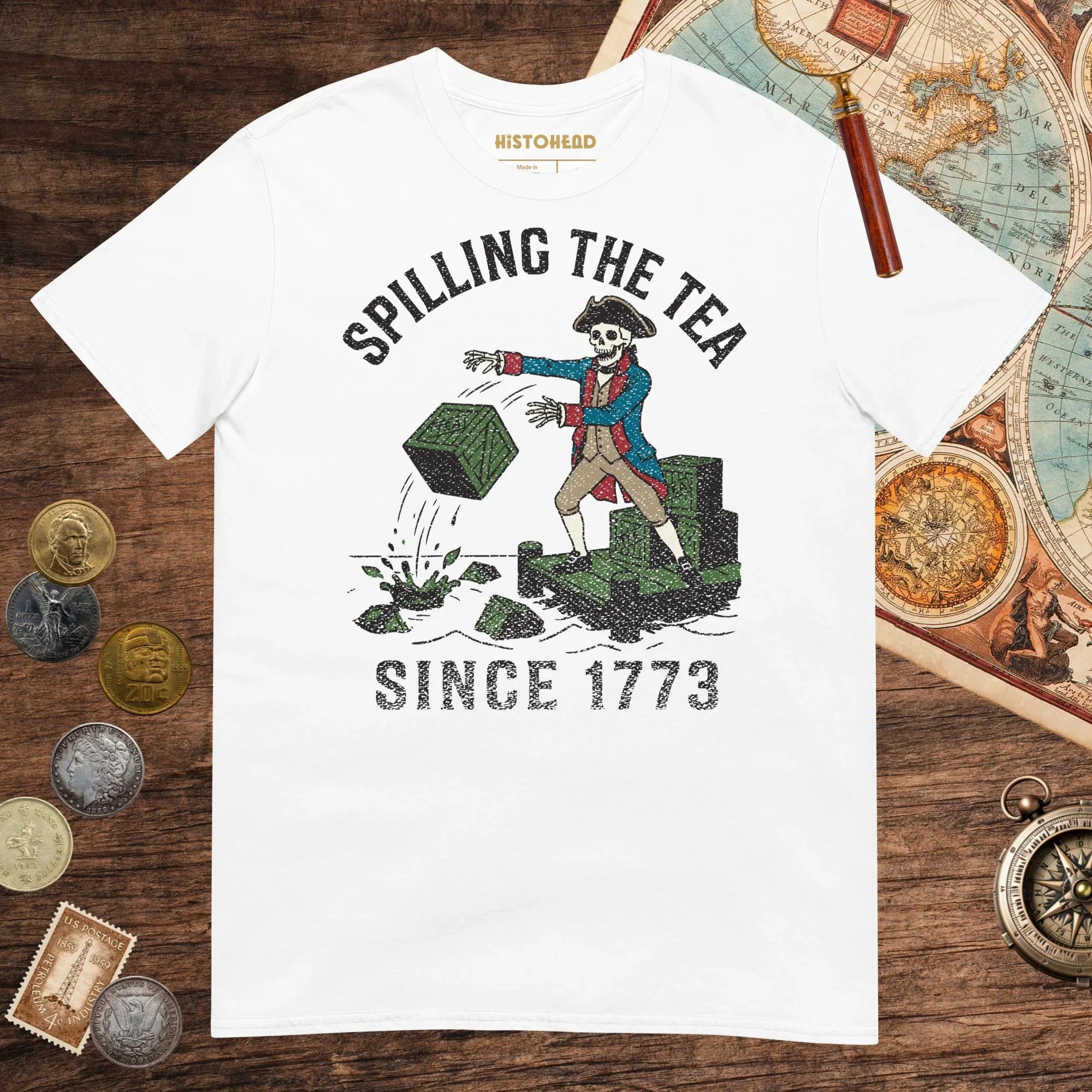 White Spilling the Tea Since 1773 Tee - history buff gift by HistoHead