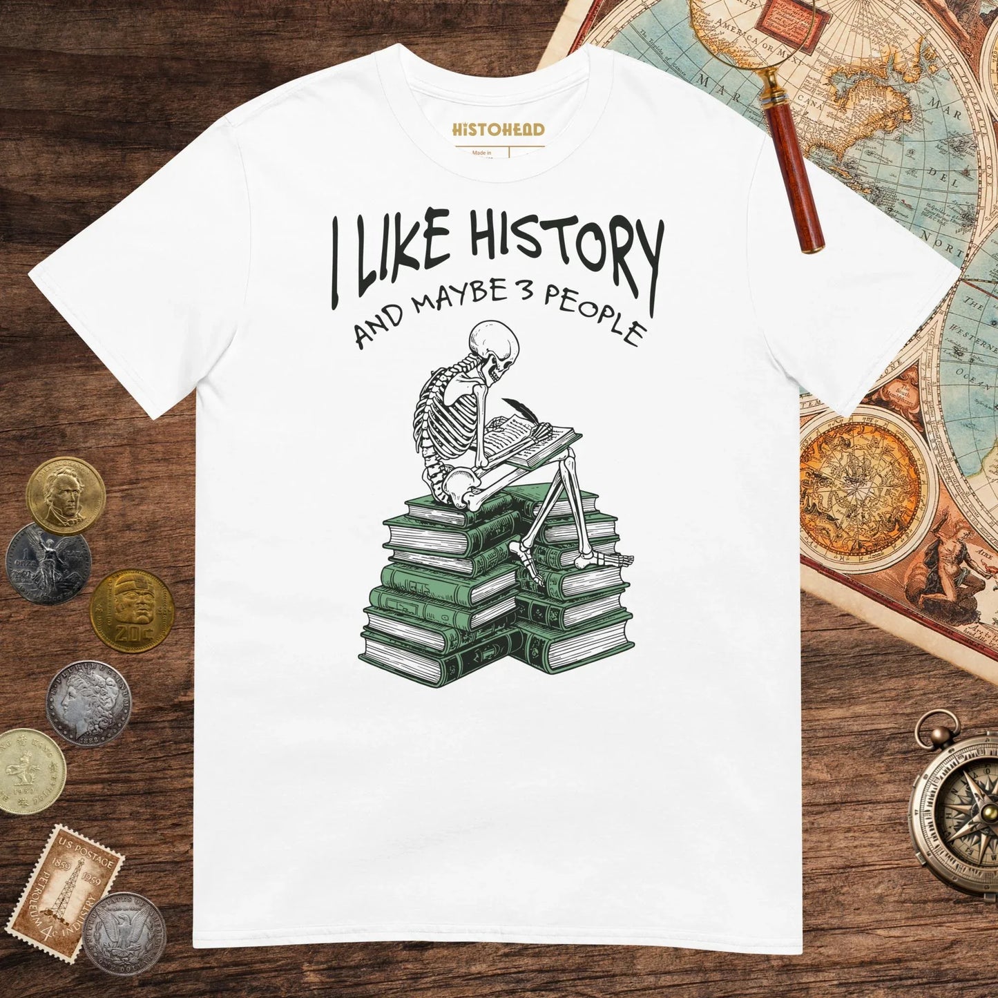 White I Like History and Maybe 3 People Tee - history buff gift by HistoHead