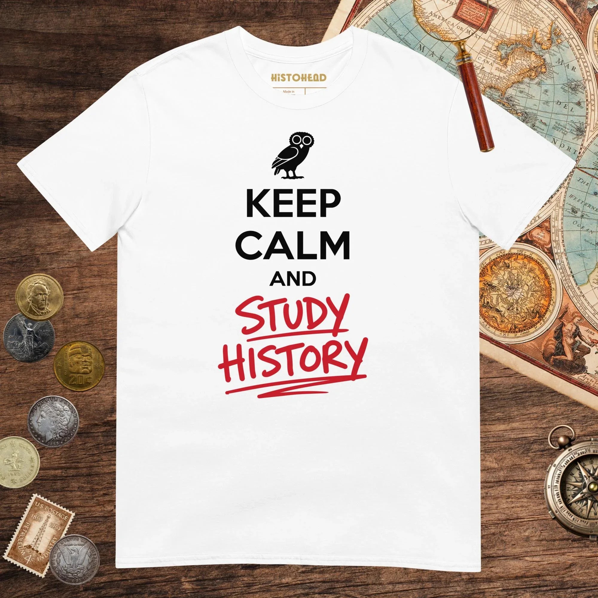 White Keep Calm and Study History Tee - history buff gift by HistoHead