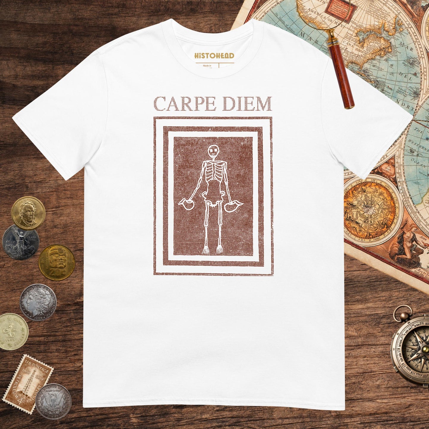 White Carpe Diem Skeleton Tee - history buff gift by HistoHead