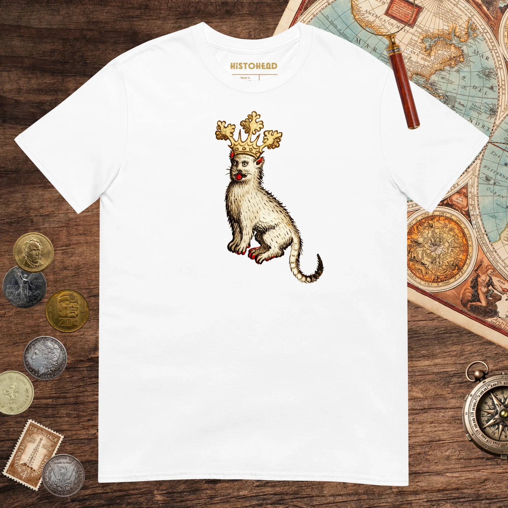 White Medieval Cat King Tee - history buff gift by HistoHead