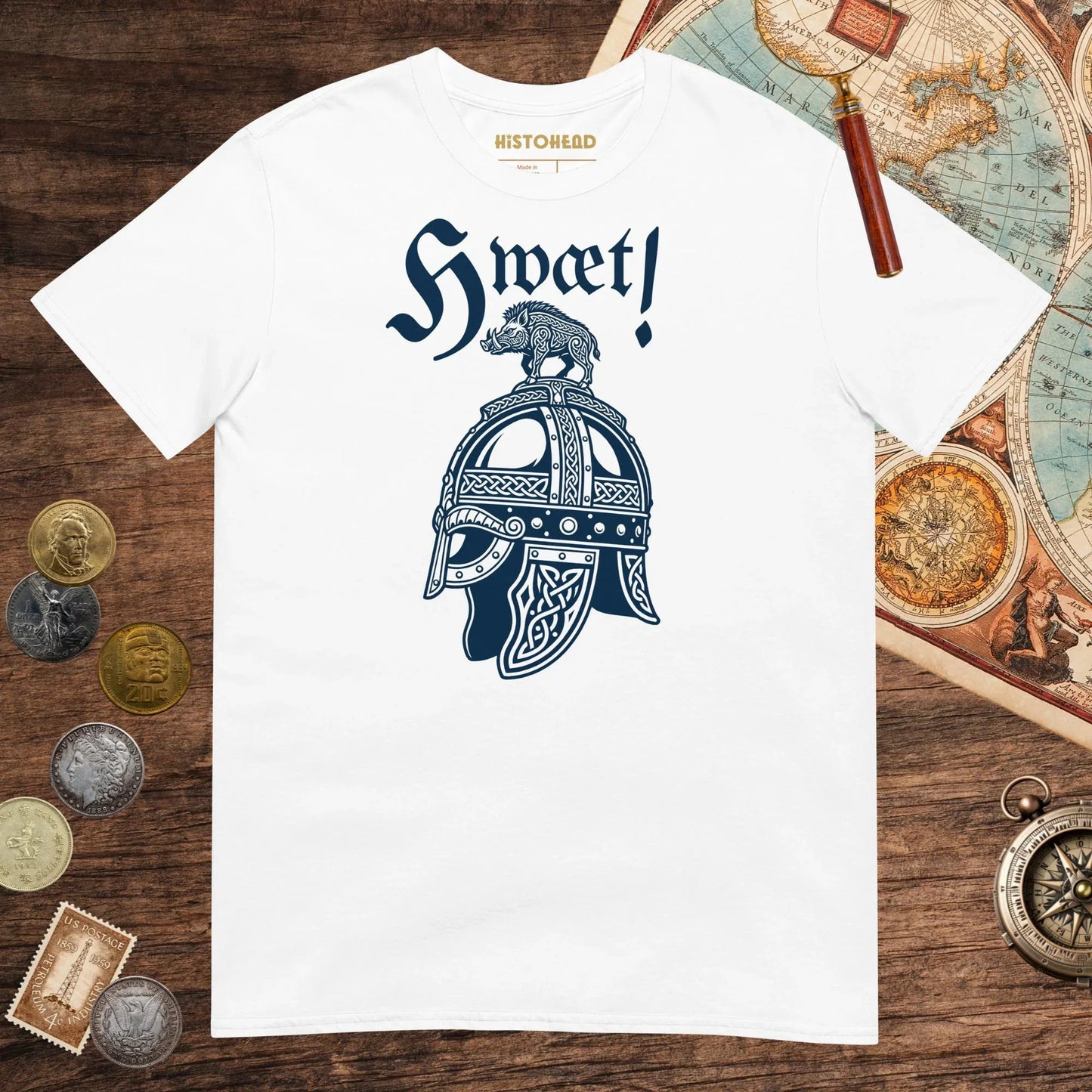 White Hwæt Boar-Crested Helmet Tee - history buff gift by HistoHead