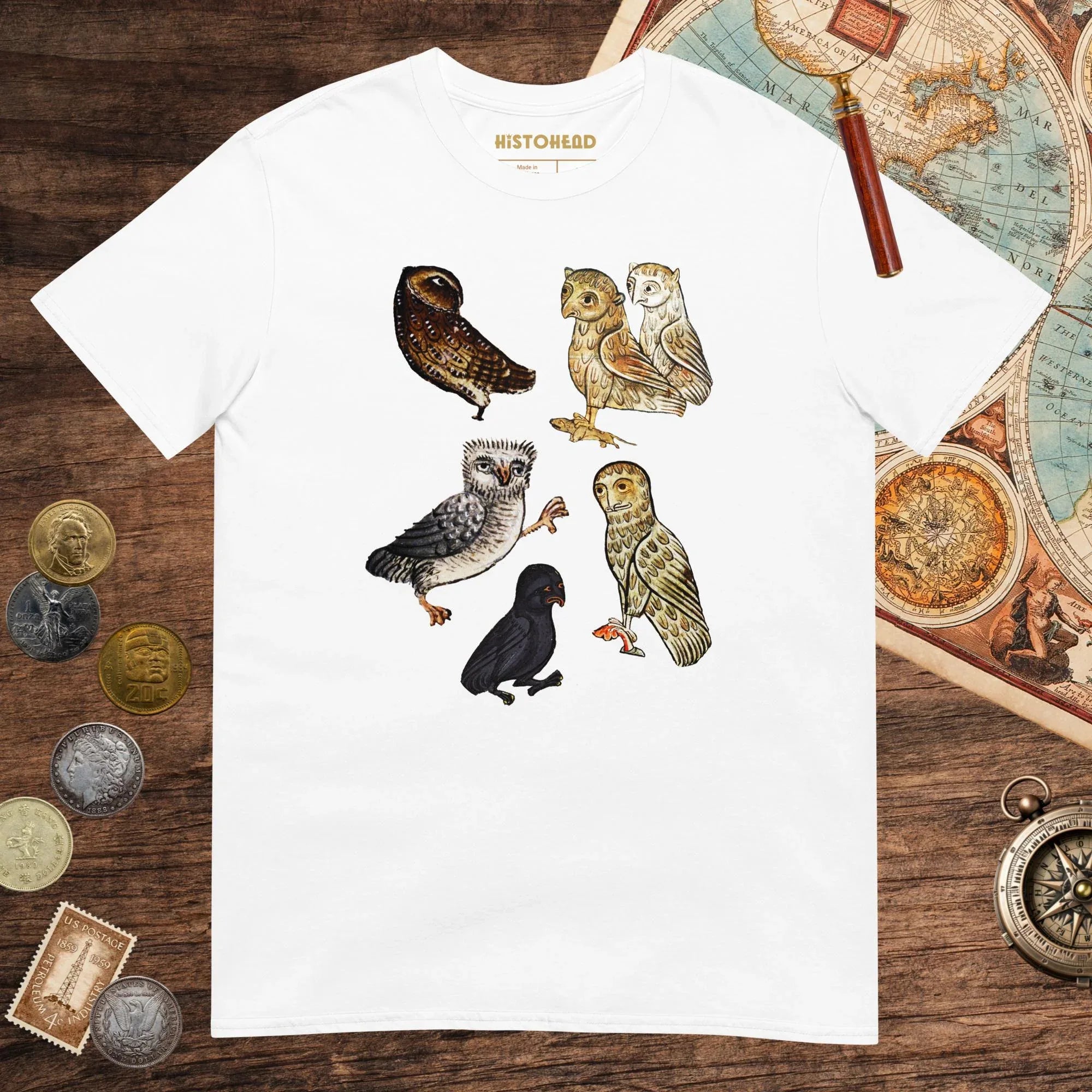White Weird Medieval Owls Tee - history buff gift by HistoHead