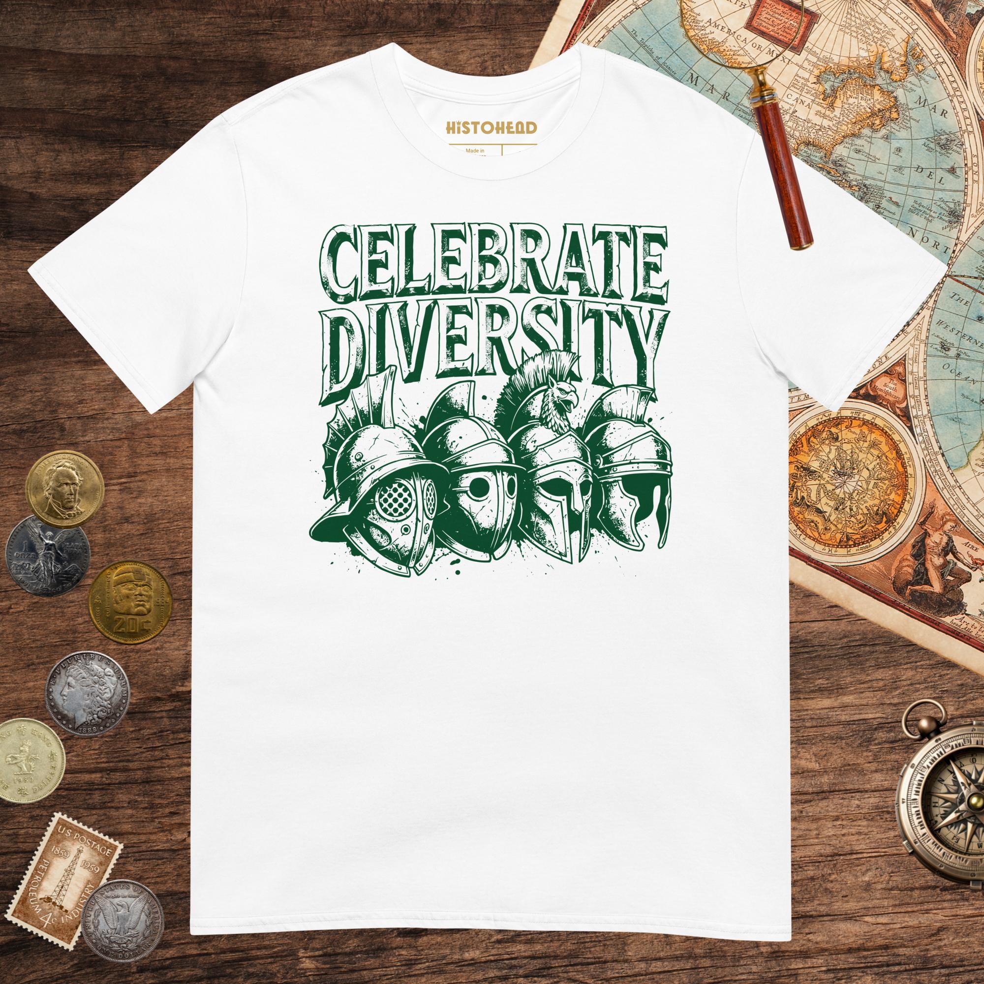 White Celebrate Diversity Gladiator Helmets Edition Tee - history buff gift by HistoHead
